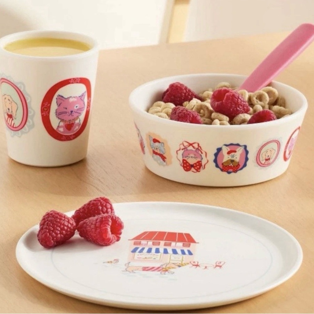 NEW Pillowfort Kids Dinner Set Paris Patisserie Dog Cat dachshund 3 pc Target - Picture 2 of 6